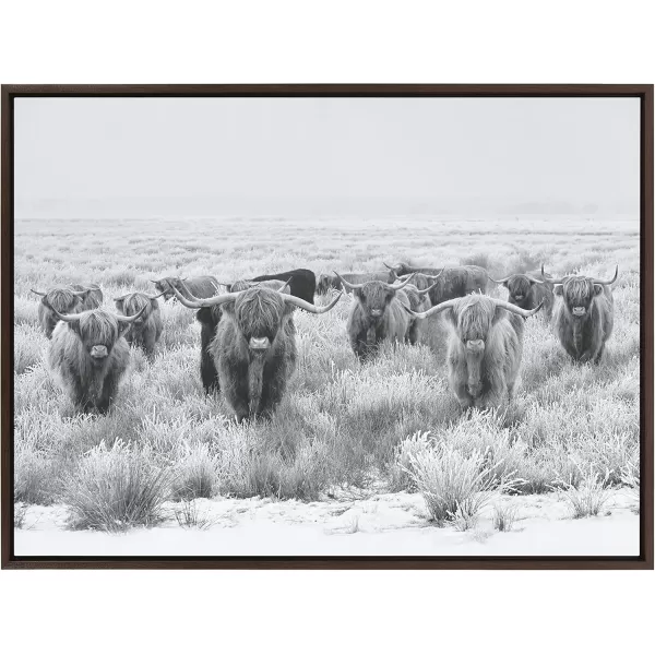 Kate and Laurel Sylvie Herd of Highland Cows Black and White Framed Canvas Wall Art by The Creative Bunch Studio 18x40 Gray Decorative Farmhouse Animal Art for WallBrown