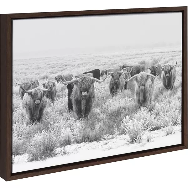 Kate and Laurel Sylvie Herd of Highland Cows Black and White Framed Canvas Wall Art by The Creative Bunch Studio 18x40 Gray Decorative Farmhouse Animal Art for WallBrown