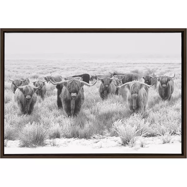 Kate and Laurel Sylvie Herd of Highland Cows Black and White Framed Canvas Wall Art by The Creative Bunch Studio 18x40 Gray Decorative Farmhouse Animal Art for WallBrown