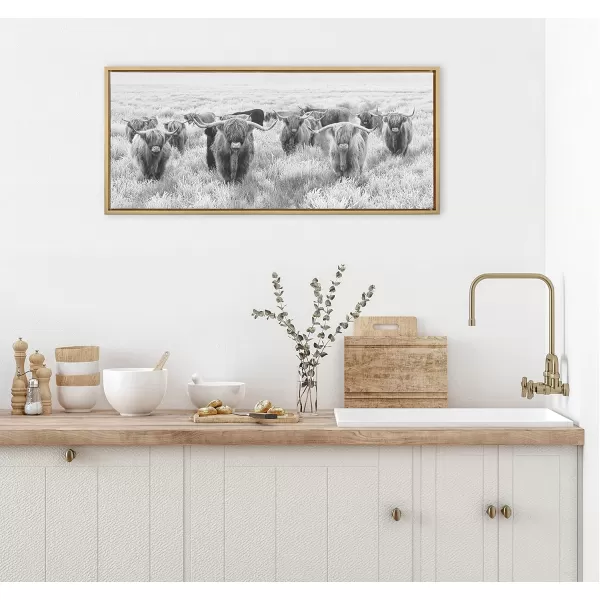 Kate and Laurel Sylvie Herd of Highland Cows Black and White Framed Canvas Wall Art by The Creative Bunch Studio 18x40 Gray Decorative Farmhouse Animal Art for WallGold