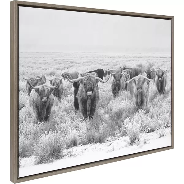 Kate and Laurel Sylvie Herd of Highland Cows Black and White Framed Canvas Wall Art by The Creative Bunch Studio 18x40 Gray Decorative Farmhouse Animal Art for WallGray