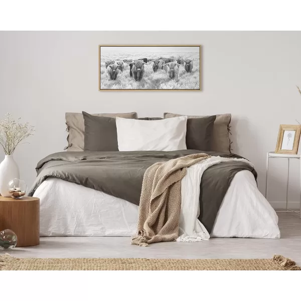 Kate and Laurel Sylvie Herd of Highland Cows Black and White Framed Canvas Wall Art by The Creative Bunch Studio 18x40 Gray Decorative Farmhouse Animal Art for WallNatural