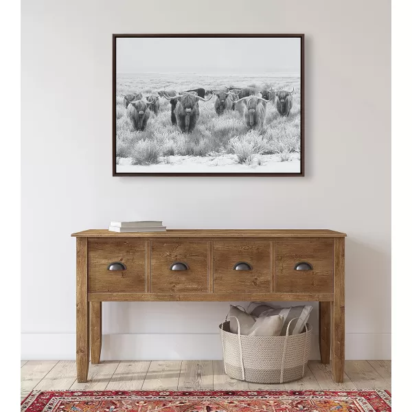 Kate and Laurel Sylvie Herd of Highland Cows Black and White Framed Canvas Wall Art by The Creative Bunch Studio 18x40 Gray Decorative Farmhouse Animal Art for WallBrown