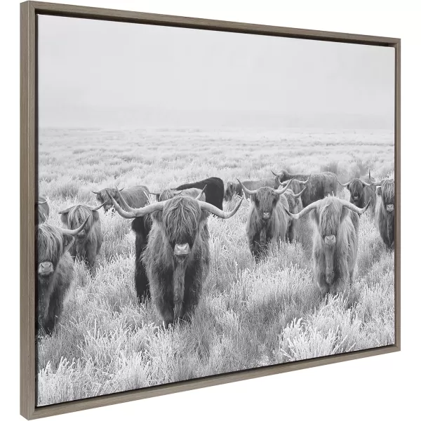 Kate and Laurel Sylvie Herd of Highland Cows Black and White Framed Canvas Wall Art by The Creative Bunch Studio 18x40 Gray Decorative Farmhouse Animal Art for WallGray
