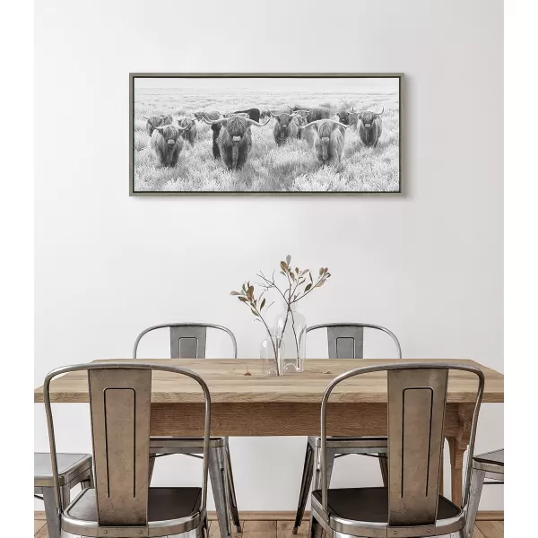 Kate and Laurel Sylvie Herd of Highland Cows Black and White Framed Canvas Wall Art by The Creative Bunch Studio 18x40 Gray Decorative Farmhouse Animal Art for WallGray