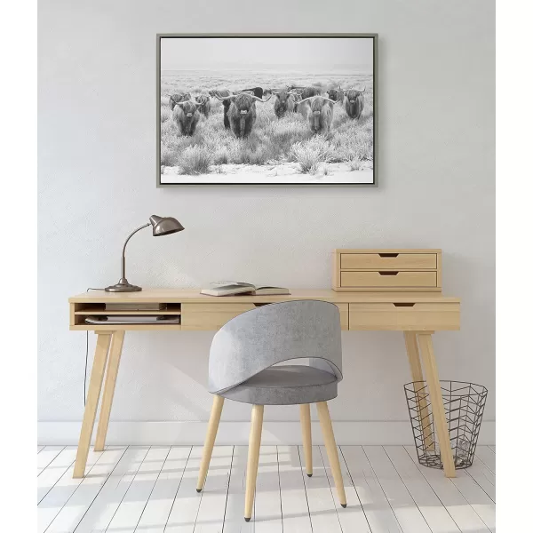 Kate and Laurel Sylvie Herd of Highland Cows Black and White Framed Canvas Wall Art by The Creative Bunch Studio 18x40 Gray Decorative Farmhouse Animal Art for WallGray