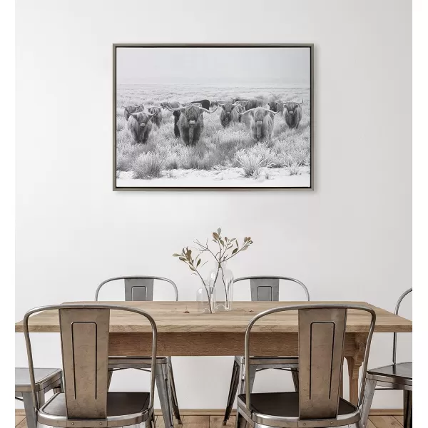 Kate and Laurel Sylvie Herd of Highland Cows Black and White Framed Canvas Wall Art by The Creative Bunch Studio 18x40 Gray Decorative Farmhouse Animal Art for WallGray