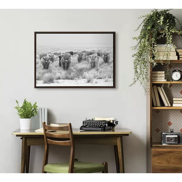 Kate and Laurel Sylvie Herd of Highland Cows Black and White Framed Canvas Wall Art by The Creative Bunch Studio 18x40 Gray Decorative Farmhouse Animal Art for WallBrown