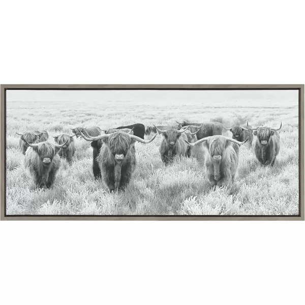 Kate and Laurel Sylvie Herd of Highland Cows Black and White Framed Canvas Wall Art by The Creative Bunch Studio 18x40 Gray Decorative Farmhouse Animal Art for WallGray