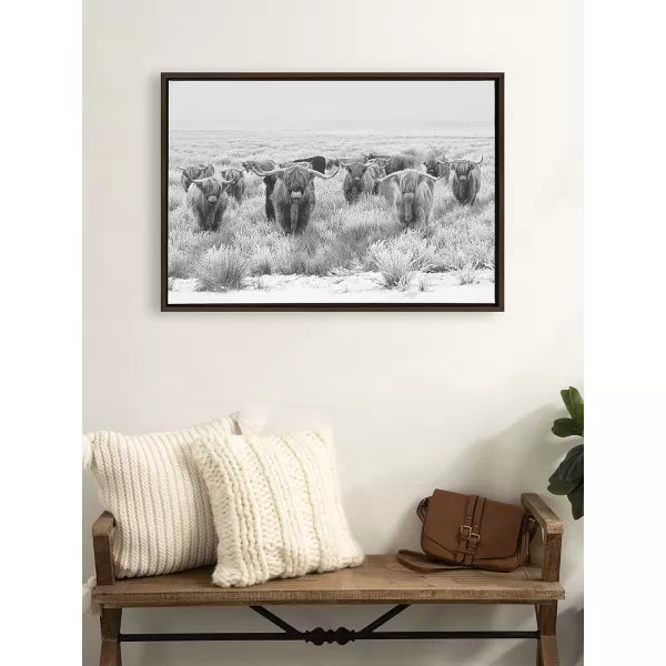 Kate and Laurel Sylvie Herd of Highland Cows Black and White Framed Canvas Wall Art by The Creative Bunch Studio 18x40 Gray Decorative Farmhouse Animal Art for WallBrown