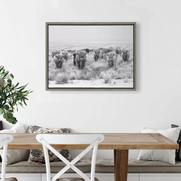 Kate and Laurel Sylvie Herd of Highland Cows Black and White Framed Canvas Wall Art by The Creative Bunch Studio 18x40 Gray Decorative Farmhouse Animal Art for WallGray