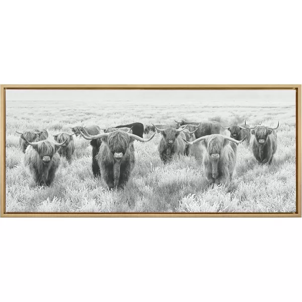 Kate and Laurel Sylvie Herd of Highland Cows Black and White Framed Canvas Wall Art by The Creative Bunch Studio 18x40 Gray Decorative Farmhouse Animal Art for WallGold