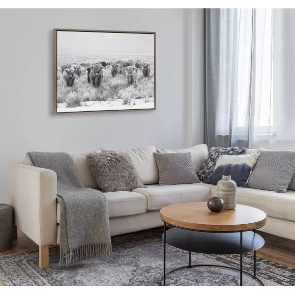 Kate and Laurel Sylvie Herd of Highland Cows Black and White Framed Canvas Wall Art by The Creative Bunch Studio 18x40 Gray Decorative Farmhouse Animal Art for WallGray