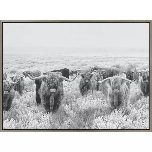 Kate and Laurel Sylvie Herd of Highland Cows Black and White Framed Canvas Wall Art by The Creative Bunch Studio 18x40 Gray Decorative Farmhouse Animal Art for WallGray