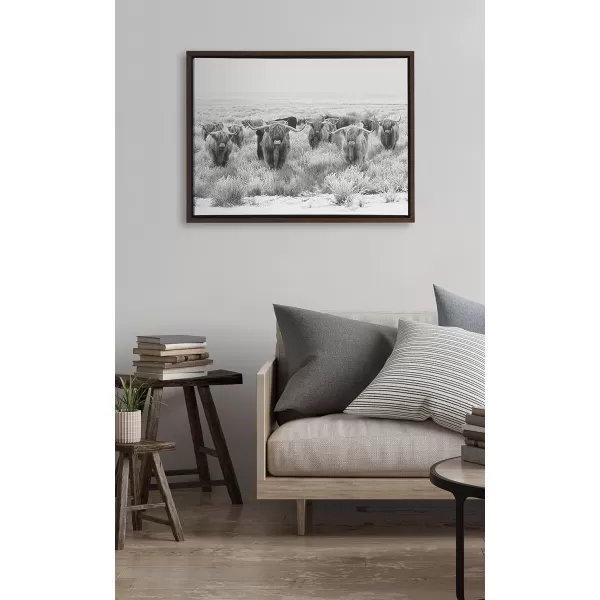 Kate and Laurel Sylvie Herd of Highland Cows Black and White Framed Canvas Wall Art by The Creative Bunch Studio 18x40 Gray Decorative Farmhouse Animal Art for WallBrown
