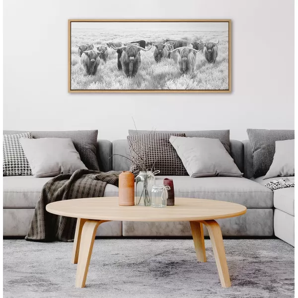 Kate and Laurel Sylvie Herd of Highland Cows Black and White Framed Canvas Wall Art by The Creative Bunch Studio 18x40 Gray Decorative Farmhouse Animal Art for WallNatural