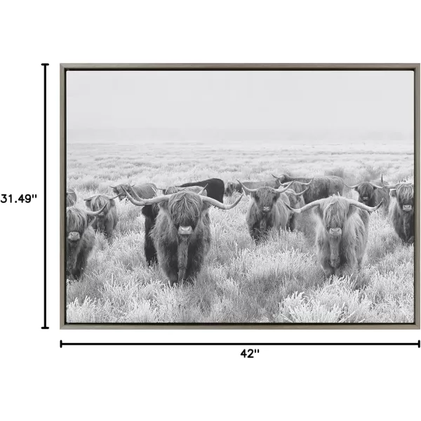 Kate and Laurel Sylvie Herd of Highland Cows Black and White Framed Canvas Wall Art by The Creative Bunch Studio 18x40 Gray Decorative Farmhouse Animal Art for WallGray