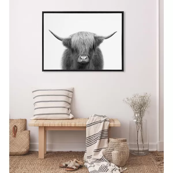 Kate and Laurel Sylvie Hey Dude Highland Cow BW Framed Canvas Wall Art by The Creative Bunch Studio 28x38 Black Decorative Farmhouse Animal Art for WallBlack