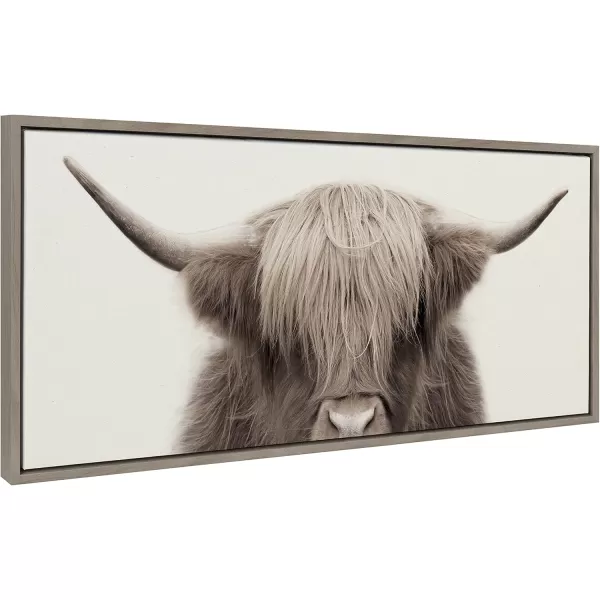 Kate and Laurel Sylvie Hey Dude Highland Cow Color Framed Linen Textured Canvas Wall Art by The Creative Bunch Studio 18x40 Panel Gray Decorative Cow Art for WallGray