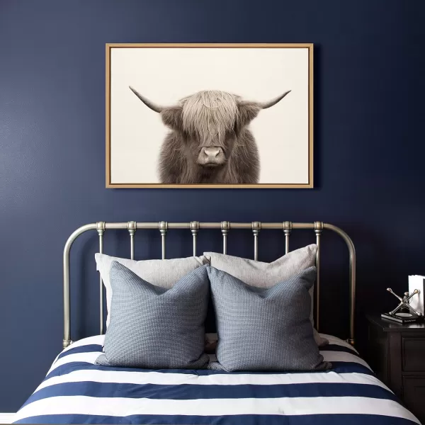 Kate and Laurel Sylvie Hey Dude Highland Cow Color Framed Linen Textured Canvas Wall Art by The Creative Bunch Studio 18x40 Panel Gray Decorative Cow Art for WallNatural