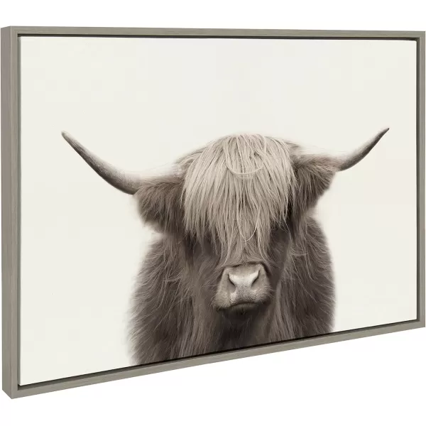 Kate and Laurel Sylvie Hey Dude Highland Cow Color Framed Linen Textured Canvas Wall Art by The Creative Bunch Studio 18x40 Panel Gray Decorative Cow Art for WallGray