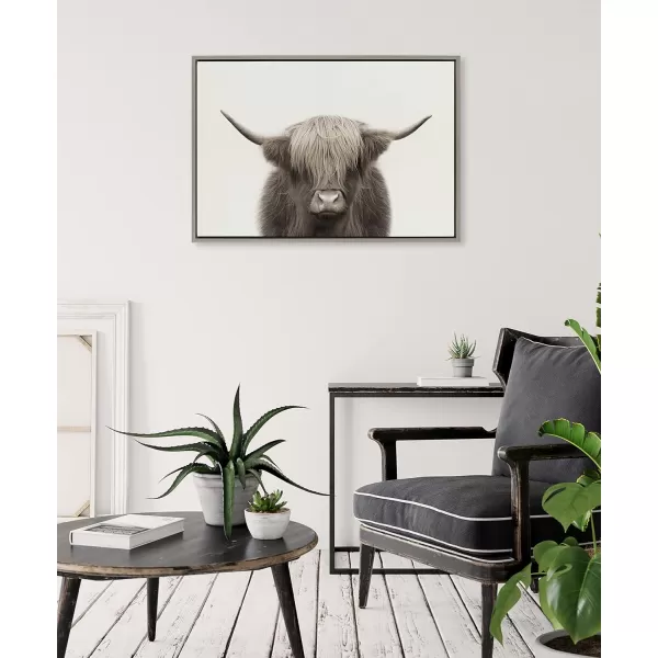 Kate and Laurel Sylvie Hey Dude Highland Cow Color Framed Linen Textured Canvas Wall Art by The Creative Bunch Studio 18x40 Panel Gray Decorative Cow Art for WallGray