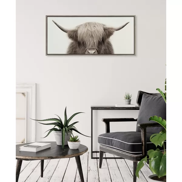 Kate and Laurel Sylvie Hey Dude Highland Cow Color Framed Linen Textured Canvas Wall Art by The Creative Bunch Studio 18x40 Panel Gray Decorative Cow Art for WallGray