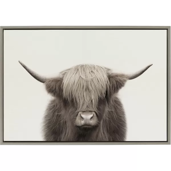 Kate and Laurel Sylvie Hey Dude Highland Cow Color Framed Linen Textured Canvas Wall Art by The Creative Bunch Studio 18x40 Panel Gray Decorative Cow Art for WallGray