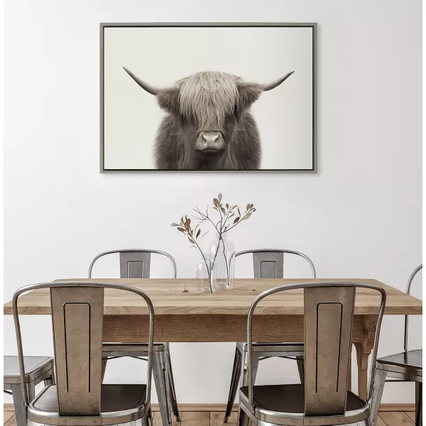 Kate and Laurel Sylvie Hey Dude Highland Cow Color Framed Linen Textured Canvas Wall Art by The Creative Bunch Studio 18x40 Panel Gray Decorative Cow Art for WallGray