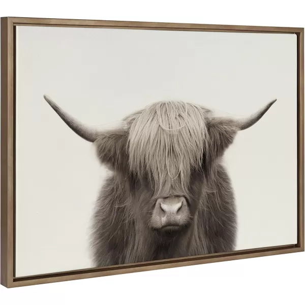 Kate and Laurel Sylvie Hey Dude Highland Cow Color Framed Linen Textured Canvas Wall Art by The Creative Bunch Studio 18x40 Panel Gray Decorative Cow Art for WallGold