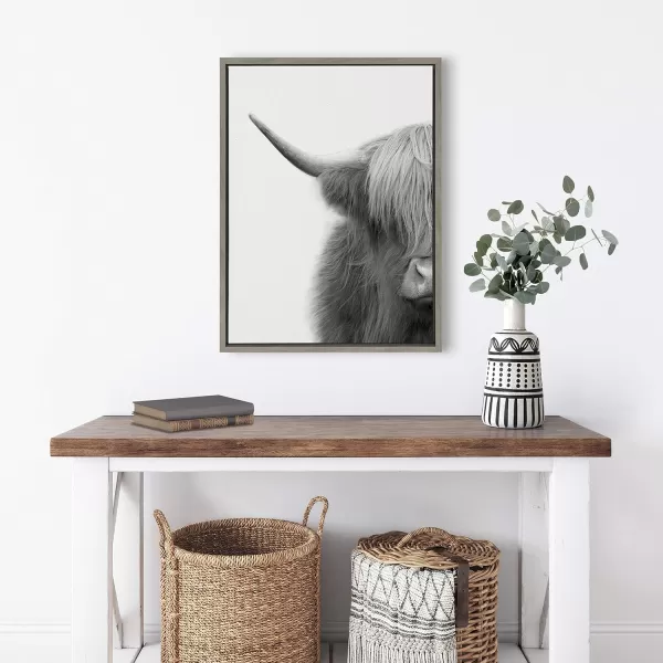 Kate and Laurel Sylvie Hey Dude Highland Cow Crop Framed Linen Textured Canvas Wall Art by The Creative Bunch Studio 23x33 Gold Decorative Rustic Cow Art Print for WallGrey