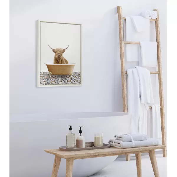 Kate and Laurel Sylvie Highland Cow In Mediterranean Bath Framed Canvas Wall Art by Amy Peterson Art Studio 18x24 White Whimsical Animal Art for WallGold