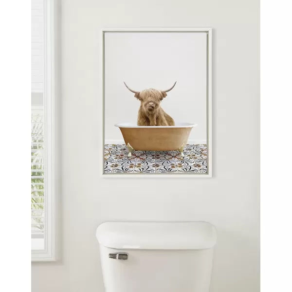 Kate and Laurel Sylvie Highland Cow In Mediterranean Bath Framed Canvas Wall Art by Amy Peterson Art Studio 18x24 White Whimsical Animal Art for WallGold