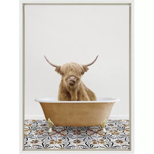 Kate and Laurel Sylvie Highland Cow In Mediterranean Bath Framed Canvas Wall Art by Amy Peterson Art Studio 18x24 White Whimsical Animal Art for WallGold