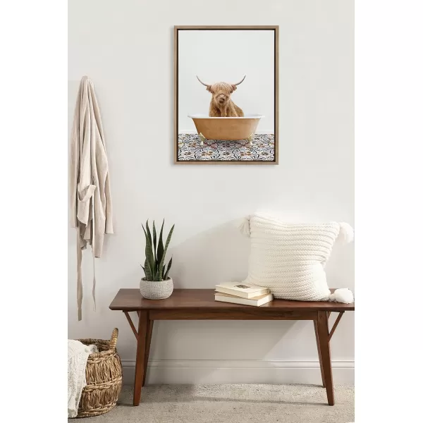 Kate and Laurel Sylvie Highland Cow In Mediterranean Bath Framed Canvas Wall Art by Amy Peterson Art Studio 18x24 White Whimsical Animal Art for WallWhite