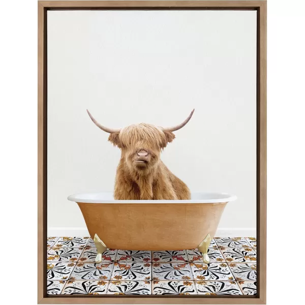 Kate and Laurel Sylvie Highland Cow In Mediterranean Bath Framed Canvas Wall Art by Amy Peterson Art Studio 18x24 White Whimsical Animal Art for WallWhite