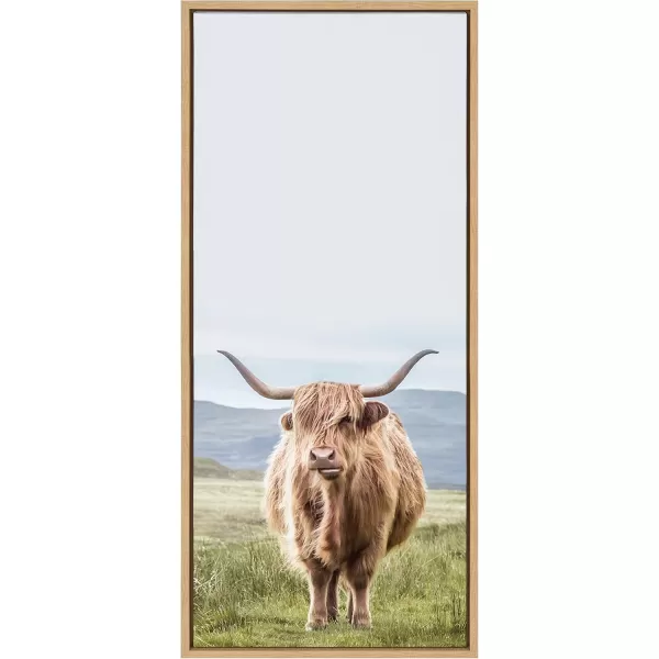 Kate and Laurel Sylvie Highland Cow Mountain Landscape Framed Canvas Wall Art by The Creative Bunch Studio 18x40 Natural Decorative Farmhouse Decor for WallNatural