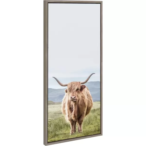 Kate and Laurel Sylvie Highland Cow Mountain Landscape Framed Canvas Wall Art by The Creative Bunch Studio 18x40 Natural Decorative Farmhouse Decor for WallGray