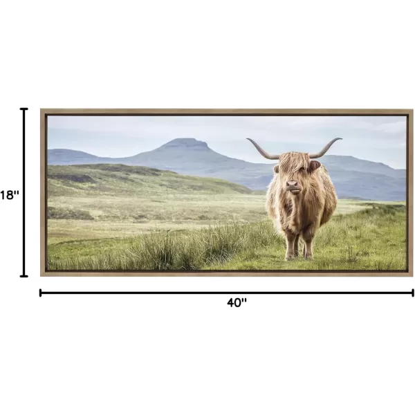 Kate and Laurel Sylvie Highland Cow Mountain Landscape Framed Canvas Wall Art by The Creative Bunch Studio 18x40 Natural Decorative Farmhouse Decor for WallGold