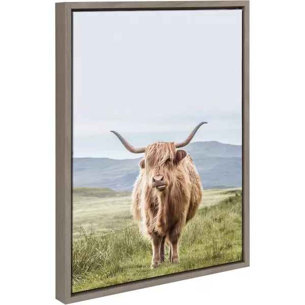 Kate and Laurel Sylvie Highland Cow Mountain Landscape Framed Canvas Wall Art by The Creative Bunch Studio 18x40 Natural Decorative Farmhouse Decor for WallGray