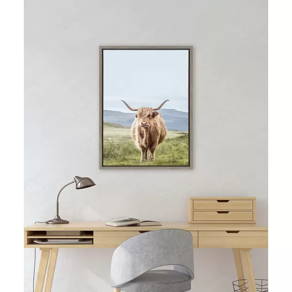 Kate and Laurel Sylvie Highland Cow Mountain Landscape Framed Canvas Wall Art by The Creative Bunch Studio 18x40 Natural Decorative Farmhouse Decor for WallGray