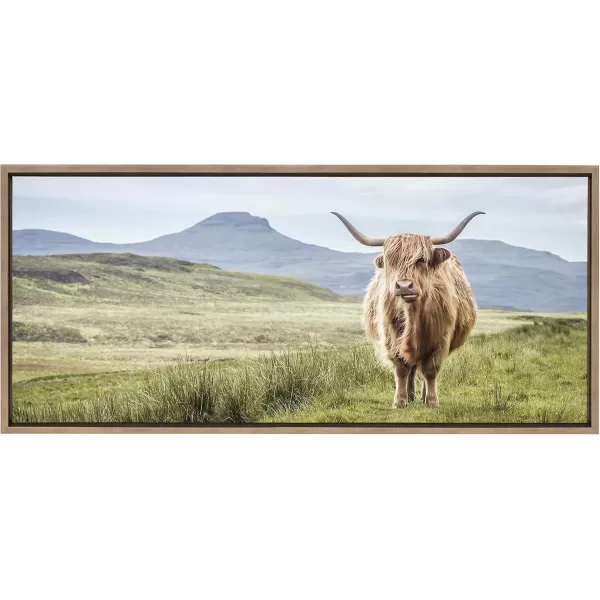 Kate and Laurel Sylvie Highland Cow Mountain Landscape Framed Canvas Wall Art by The Creative Bunch Studio 18x40 Natural Decorative Farmhouse Decor for WallGold