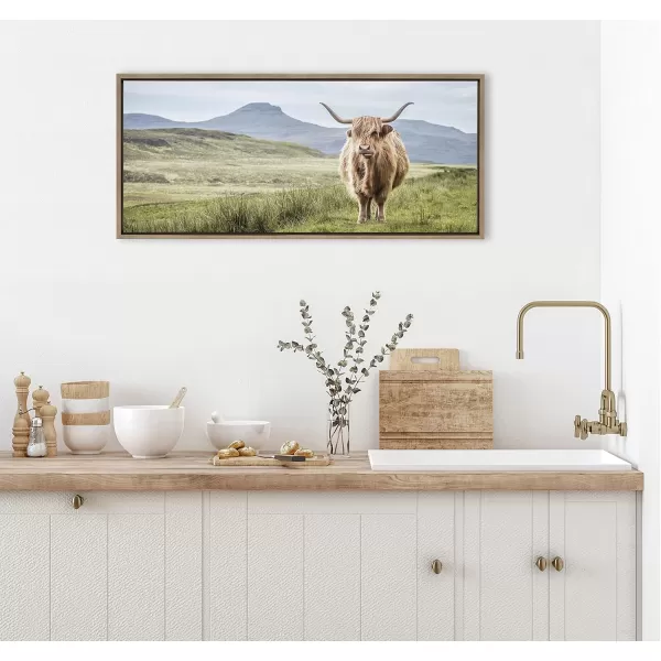 Kate and Laurel Sylvie Highland Cow Mountain Landscape Framed Canvas Wall Art by The Creative Bunch Studio 18x40 Natural Decorative Farmhouse Decor for WallGold