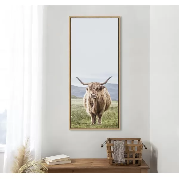 Kate and Laurel Sylvie Highland Cow Mountain Landscape Framed Canvas Wall Art by The Creative Bunch Studio 18x40 Natural Decorative Farmhouse Decor for WallNatural