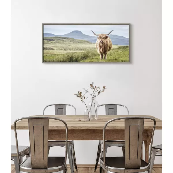 Kate and Laurel Sylvie Highland Cow Mountain Landscape Framed Canvas Wall Art by The Creative Bunch Studio 18x40 Natural Decorative Farmhouse Decor for WallGray