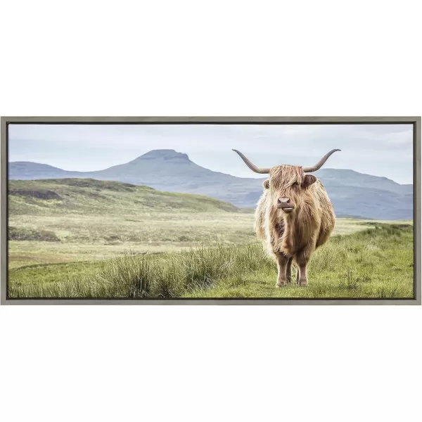 Kate and Laurel Sylvie Highland Cow Mountain Landscape Framed Canvas Wall Art by The Creative Bunch Studio 18x40 Natural Decorative Farmhouse Decor for WallGray