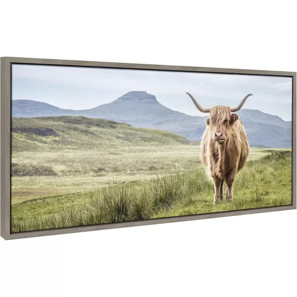 Kate and Laurel Sylvie Highland Cow Mountain Landscape Framed Canvas Wall Art by The Creative Bunch Studio 18x40 Natural Decorative Farmhouse Decor for WallGray