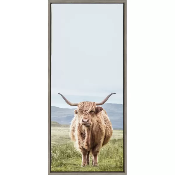 Kate and Laurel Sylvie Highland Cow Mountain Landscape Framed Canvas Wall Art by The Creative Bunch Studio 18x40 Natural Decorative Farmhouse Decor for WallGray