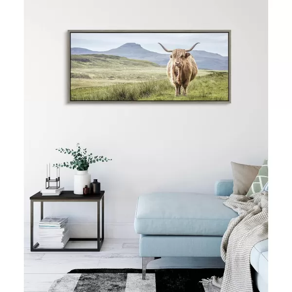 Kate and Laurel Sylvie Highland Cow Mountain Landscape Framed Canvas Wall Art by The Creative Bunch Studio 18x40 Natural Decorative Farmhouse Decor for WallGray