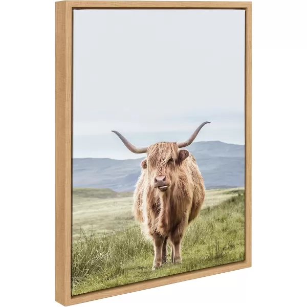 Kate and Laurel Sylvie Highland Cow Mountain Landscape Framed Canvas Wall Art by The Creative Bunch Studio 18x40 Natural Decorative Farmhouse Decor for WallNatural